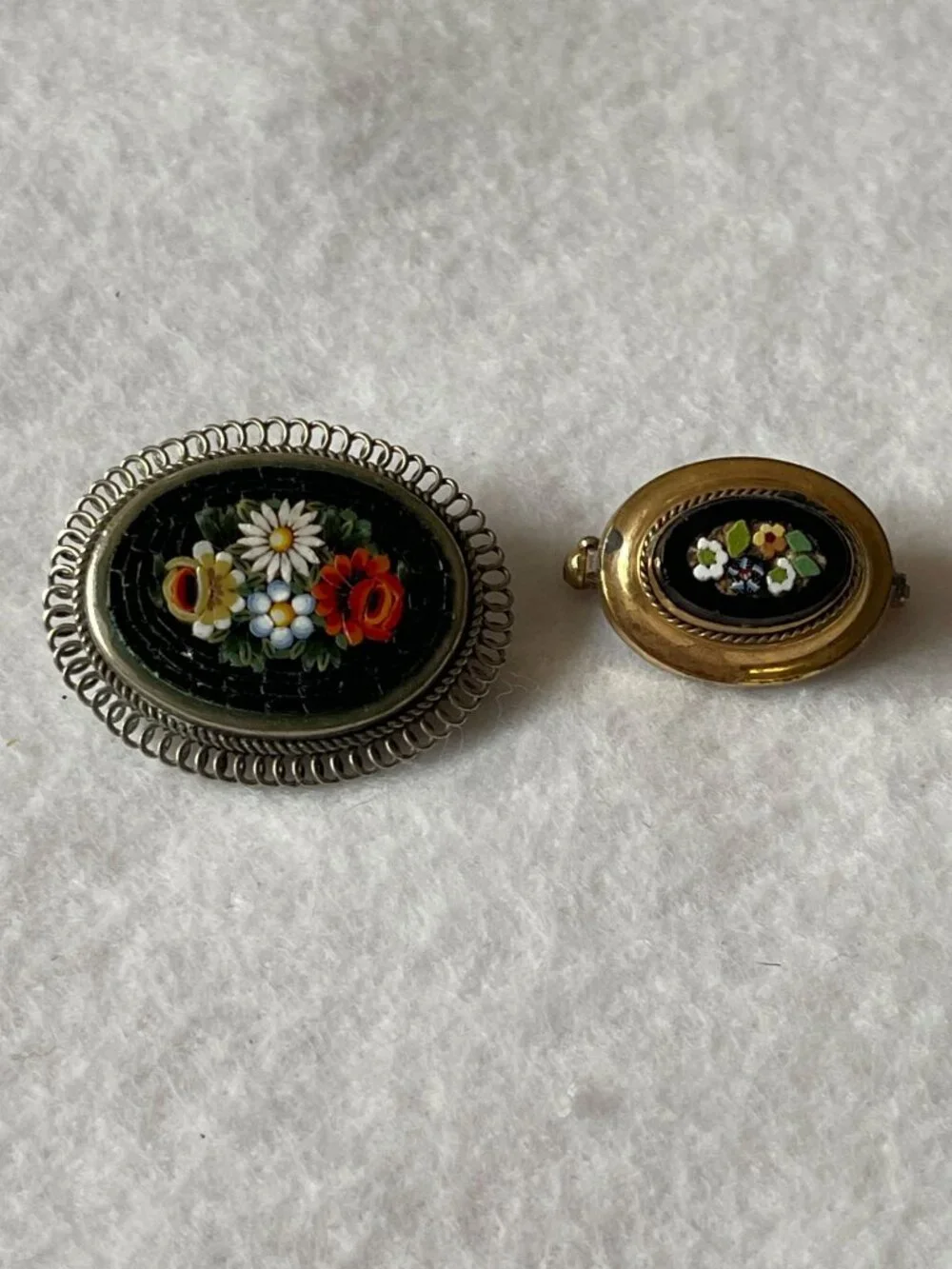 Two Vintage Italian Micro Mosaic Brooches Floral Design Gold & Silver Tone Oval